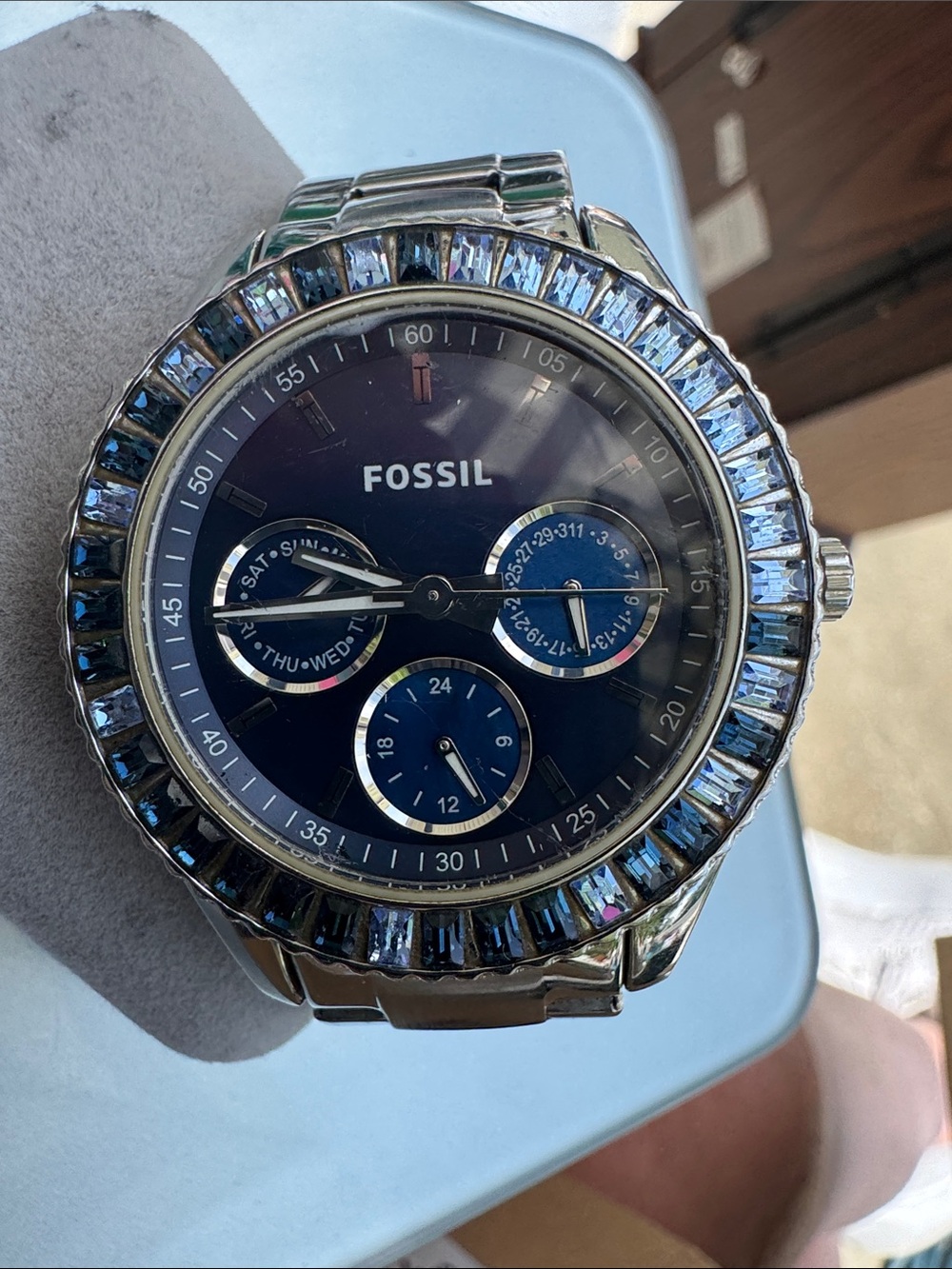 Fossil Men’s Silver Watch with Blue Dial and Blue Crystal Bezel